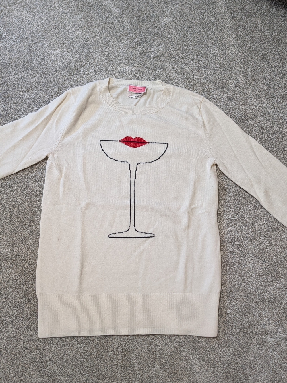 Kate Spade Cream Sweater with Red Lip & Glass Intarsia